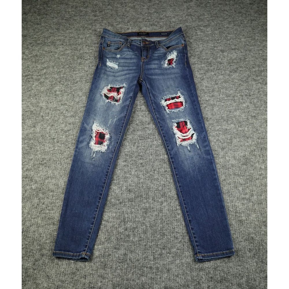 Judy Blue Distressed Skinny Jeans with Red Plaid Patch